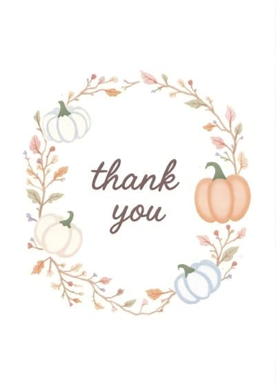 Thank You Card with Cute Fall Pumpkin Wreath Design