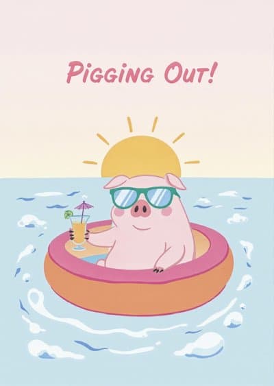 Funny Birthday Greeting Card Cute Pig Inflatable Pool Design