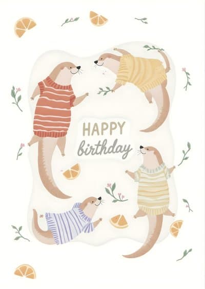 Funny Birthday Greeting Card with Cute Otters in Sweaters