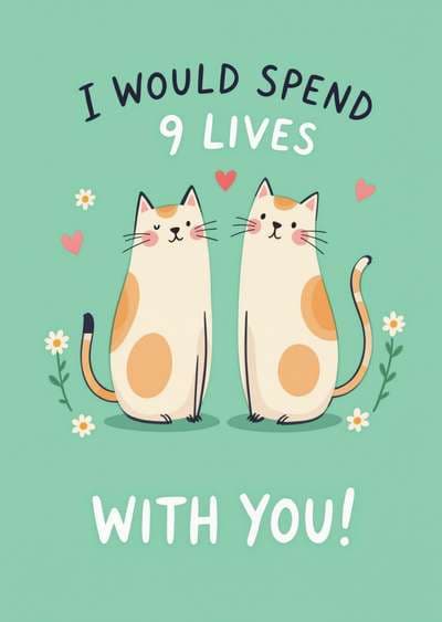 Cute Cat Love Greeting Card with Heart Illustration