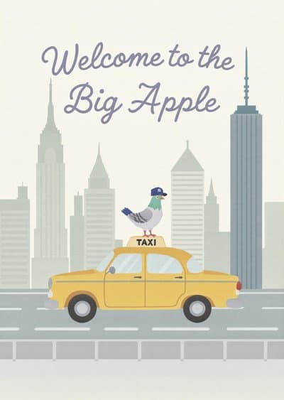 New York Greeting Card with Cute Pigeon on Taxi Design
