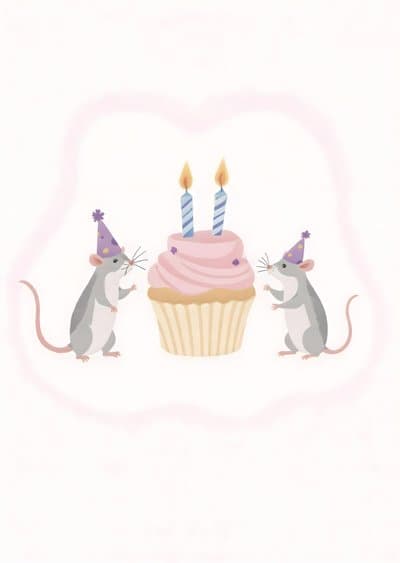 Funny Birthday Greeting Card with Cute Mice and Cupcake