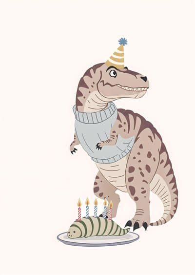 Dinosaur Birthday Card with Party Hat Cake Cute Illustration