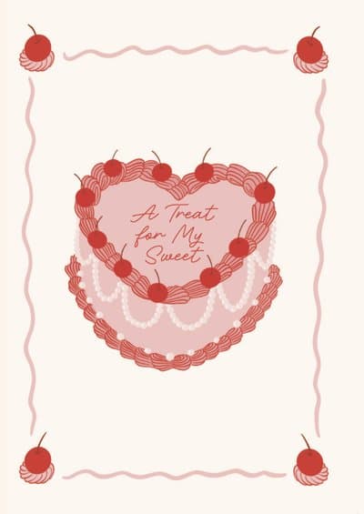 Romantic Greeting Card with Cute Cherry Heart Cake Design